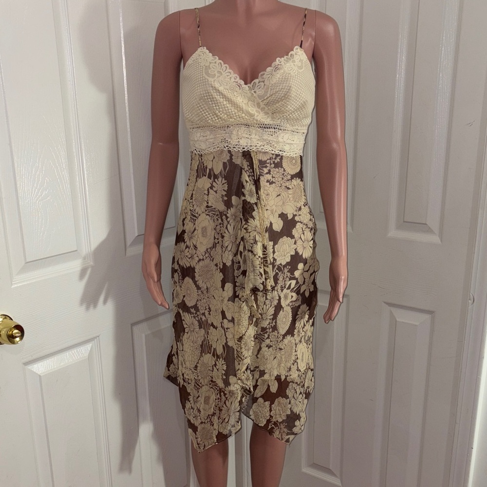 Nicole Cream and Brown High-Low Floral Slip Dress